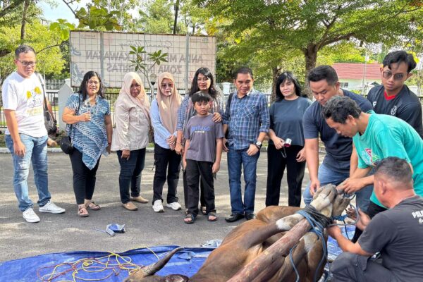 jajaran pegawai bpn kota palangka raya menyaksikan prosesi pemotongan hewan kurban di hari raya idul adha