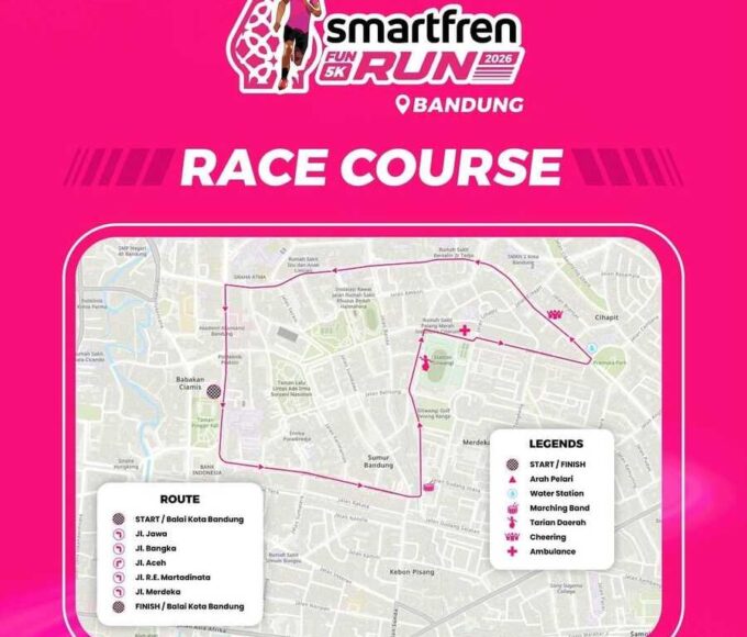 Rute SMARTFREN Fun Run Bandung dimulai dari Balai Kota Bandung. Peserta bergerak menuju Jalan Jawa, melewati kawasan Polres Bandung, kemudian melanjutkan perjalanan ke Jalan Bangka dan Jalan Sunda.